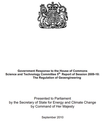 Government Response to the House of Commons Science and Technology Committee 5th Report of Session 2009-10: The Regulation of Geoengineering