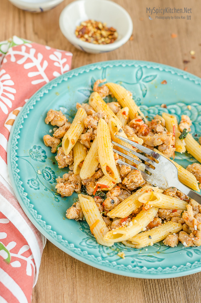 Blogging Marathon, Cooking Carnival, Protein Rich Food, Cooking With Protein Rich Ingredients, Cooking With Chicken, Penne Pasta with Hot Italian Sausage, Sausage, Hot Italian Sausage,  Penne Pasta, Chicken Sausage, Italian Chicken Sausage, 