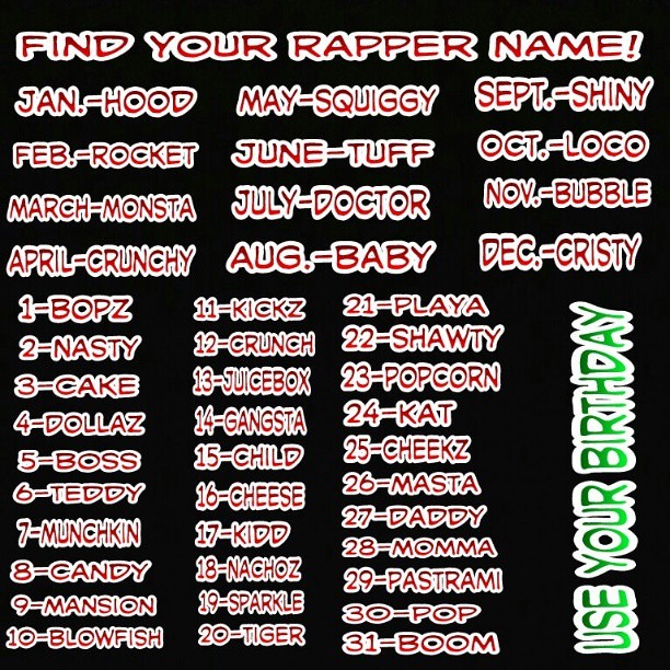  Find Your Rapper Name Use your Birthday Birthdate 