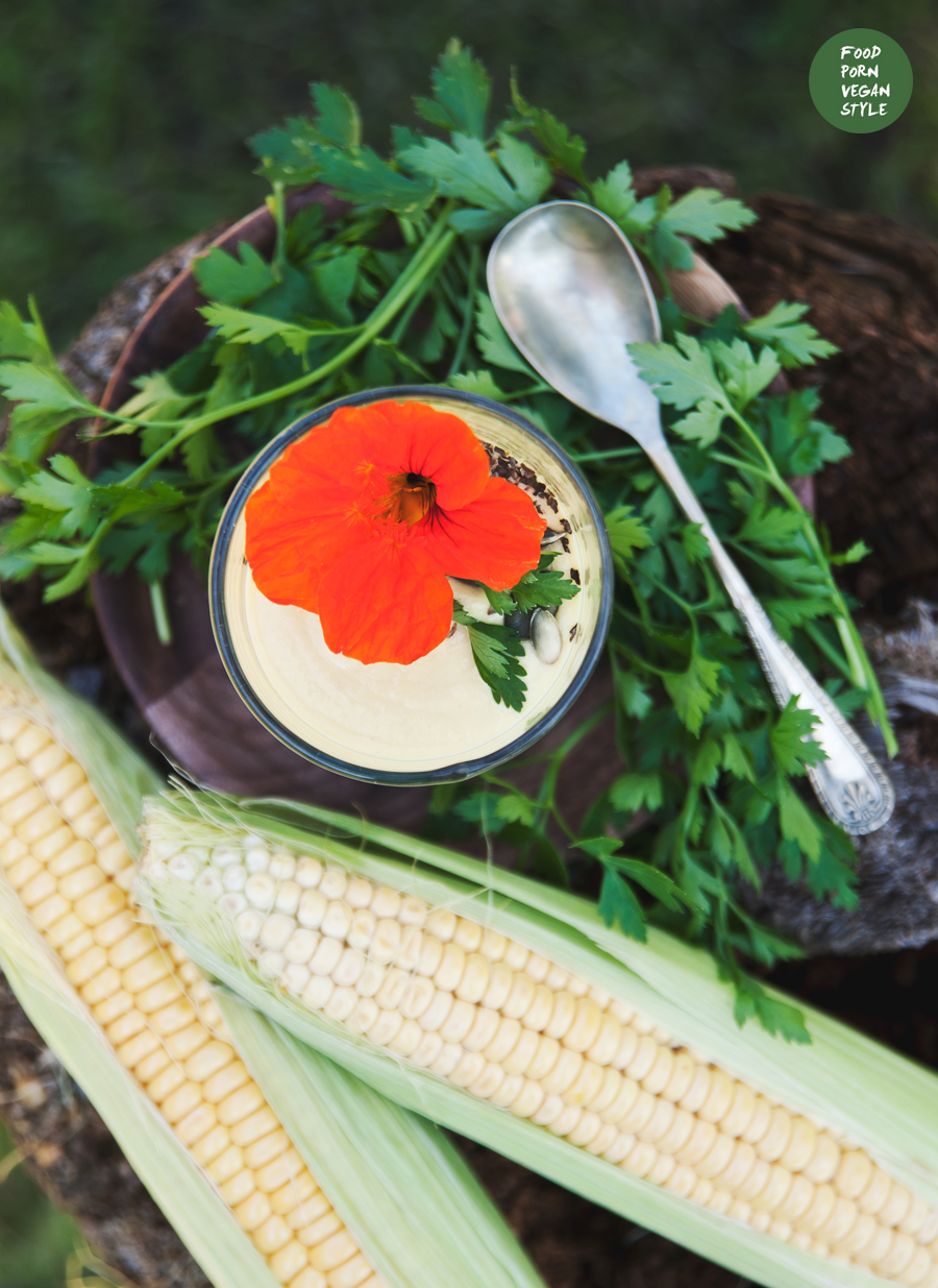 Chilled, creamy sweetcorn soup with coconut milk