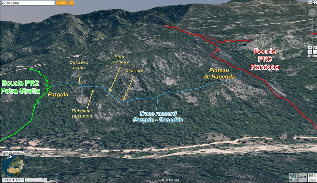 Photo aérienne 3D de la trace de raccordement entre Costa di u Pargulu (boucle Petra Stretta/PR2) et le plateau de Ranedda (proche de la boucle Ranedda/PR6)