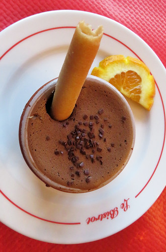 Chocolate mousse is the dessert for our three-course meal in Bernay, France
