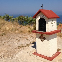 Roadside shrines were everywhere in Thassos.  Unfortunately some had trash in them, but the ones that were well-cared for had paintings or pictures of religious icons and oil lamps or candles lit and protected by glass.