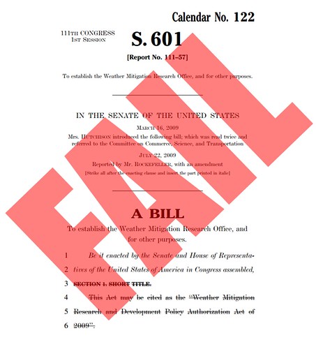 S. 601 (111th) Weather Mitigation Research and Development Policy Authorization Act of 2009 FAIL
