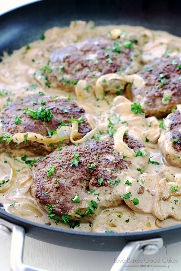 Italian Beef Patties with Mushrooms, Onions, and Balsamic Cream Sauce in a skillet.