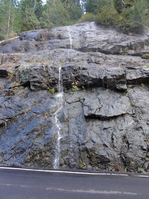 Image shows the glacially-polished rock with a narrow waterfall cascading down it. It's in two tiers.