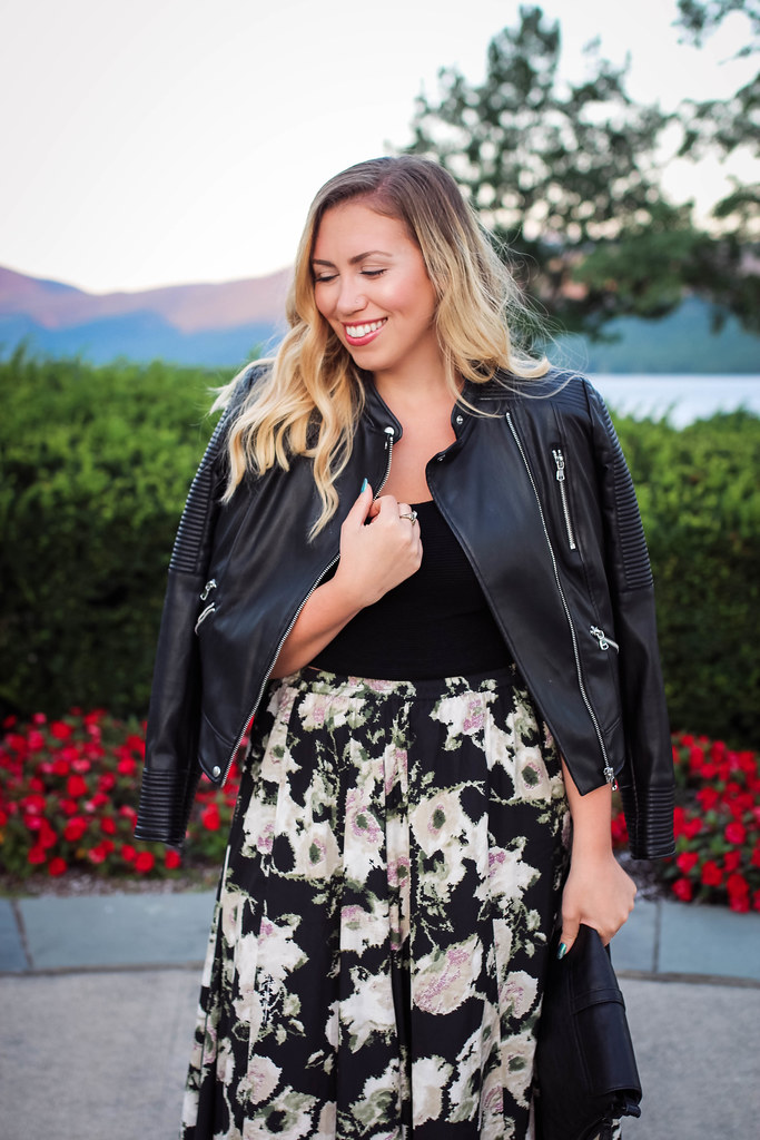 Zara Leather Jacket Crop Top Floral Maxi Skirt Early Fall Fashion Sunset Lake George New York