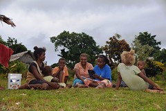 WorldFish staff in a nutrition survey interview in Niu Kwaloai, north Malaita of Solomon Islands. Photo by Tessa Minter