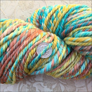 Turquoise and Coral handspun, close up