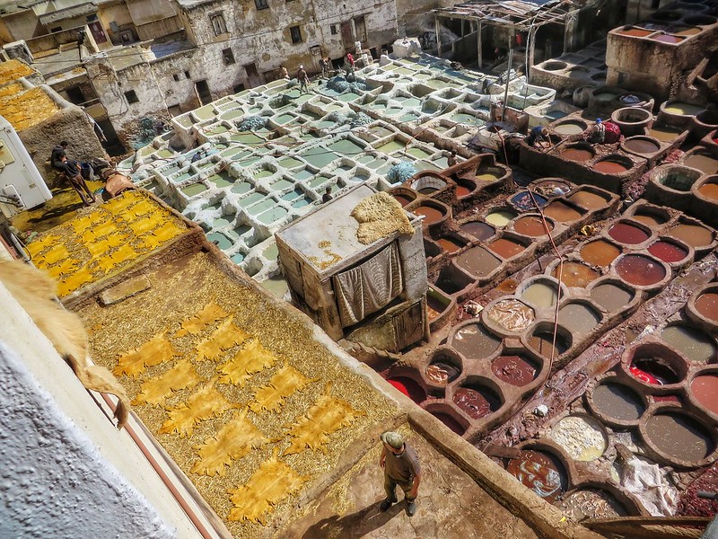 Looking out across the leather tannery in Fez, Morocco