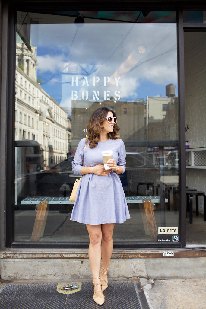 NYC Coffee Break at Happy Bones in Denim Dress on Corporate Catwalk in Summer