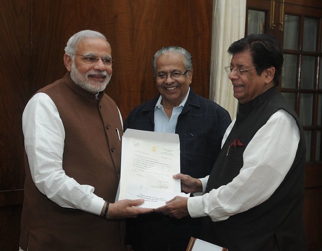 E​ ​Ahamed, MP and ​national ​president, IIUML handing over a cheque of Rs 25 ​lakh​ ​to Prime Minister Narendra Modi ​for PMNRF for ​relief and ​rehabilitation of ​flood victims​ ​at ​the ​Prime Minister's Office in Parliament House.