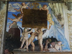 Dédicace de Mantegna, Mur de la Rencontre, Chambre des Époux, château Saint Georges (XIVe), Mantoue, province de Mantoue, Lombardie, Italie.
