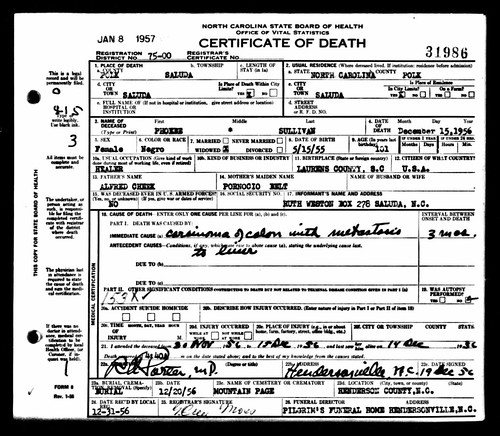Phoebia Sullivan Death Certificate