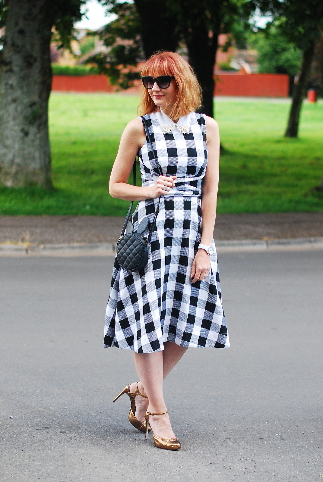 Classic summer dressing: Bardot-style gingham dress, bronze heels, pearl embellished collar | Not Dressed As Lamb