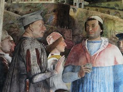Louis III de Mantoue et son fils, le cardinal Francesco Gonzaga, Mur de la Rencontre, Chambre des Époux, château Saint Georges (XIVe), Mantoue, province de Mantoue, Lombardie, Italie.