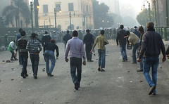 Protesters, youths and CSF forces face off on the south side of Tahrir Square.