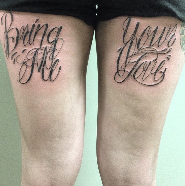 back of thigh tattoo writing alphabet