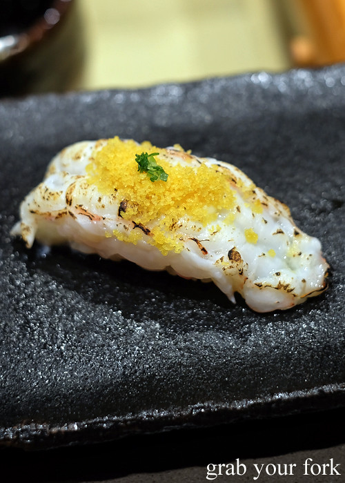 Seared scampi nigiri sushi with karasumi dried mullet roe at Hana Ju-Rin in Crows Nest Sydney