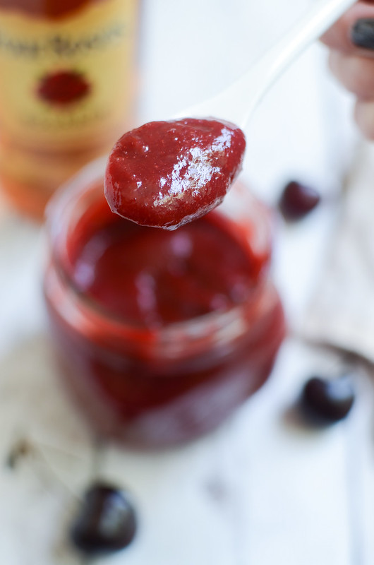 Cherry Bourbon BBQ Sauce - delicious sweet and spicy barbecue sauce made with fresh cherries and Bourbon! Perfect on grilled chicken!