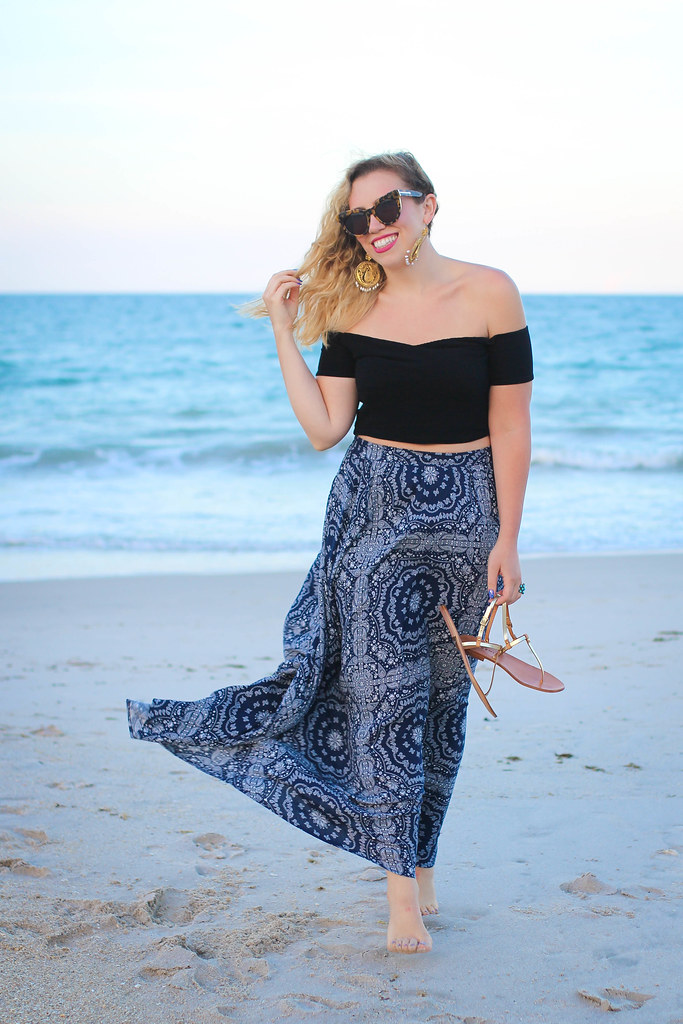 Wind Swept on the Beach | ASOS Black Off the Shoulder Crop Top Patterned Blue Maxi Skirt M.Gemi Gold Sandals Vero Beach Florida Living After Midnite Summer Outfit Fashion Blogger Jackie Giardina