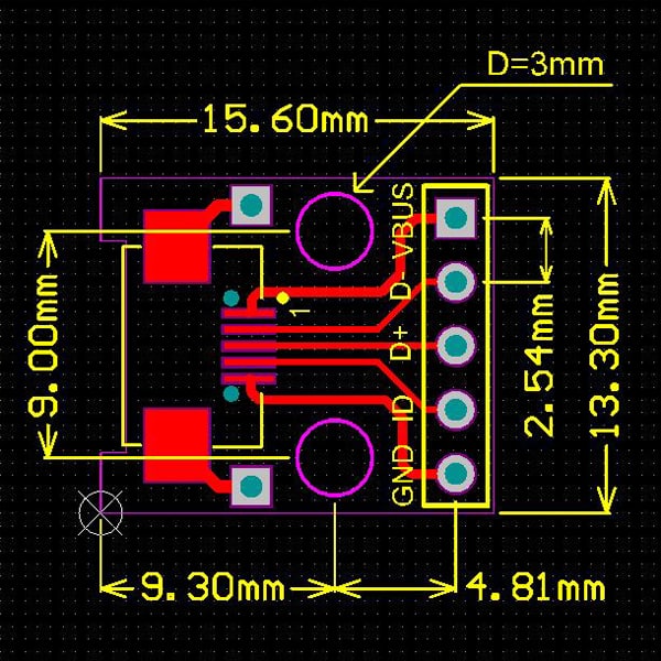 Addicore USB Micro-B Breakout Board Dimensions