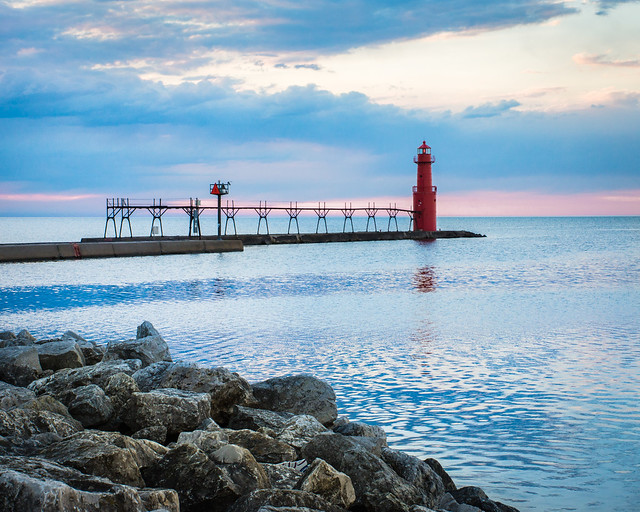 Lighthouse, Harbor, Algoma, WI, Wisconsin, Lake Michigan, Blue