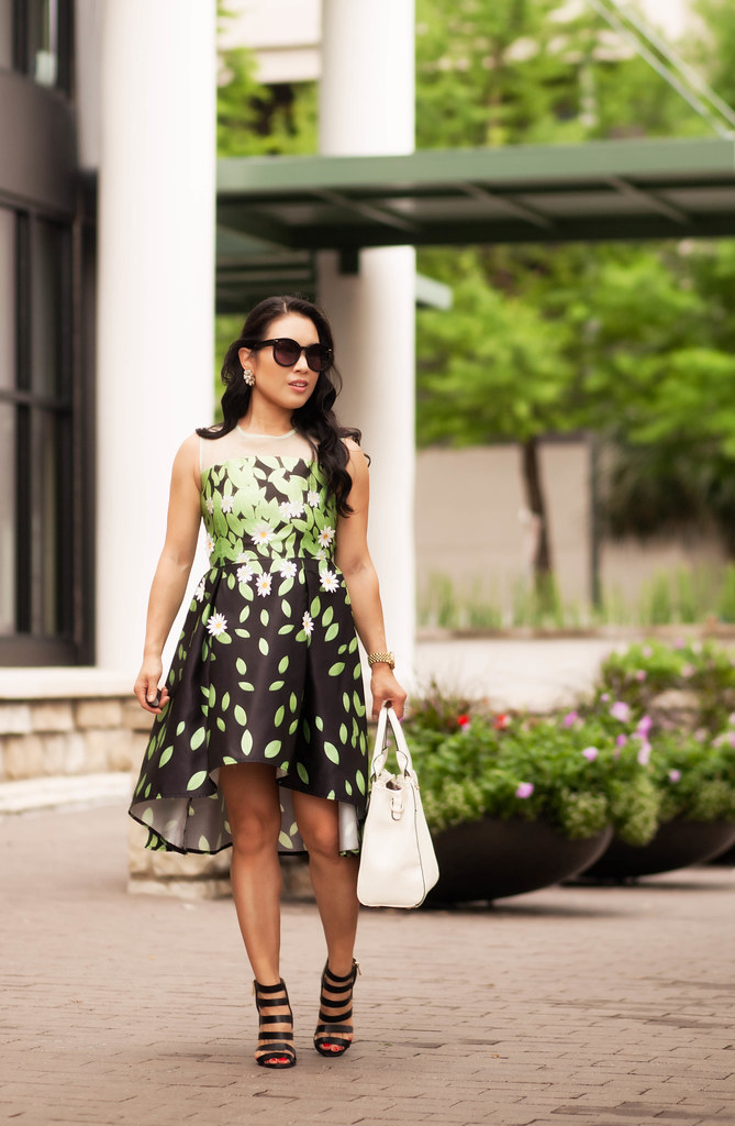 cute & little blog | petite fashion | choies black green leaves mesh high-low daisy dress, ann taylor rosie strappy black sandals, white satchel handbag | spring summer outfit
