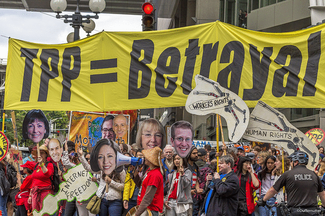 TPP = Betrayal rally at dem fundraiser Seattle by John Duffy Joyce Marin & Backbone Campaign