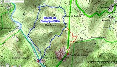 Carte de la rive gauche du Cavu au-dessus du Parc-Aventure avec la Punta di Cinaghja et le tracé de son accès
