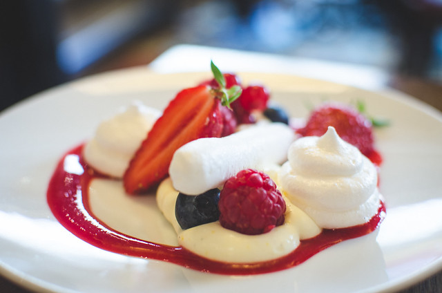 A delicate dessert of berries, cream, and meringue at Cafe Constant in Paris, France.