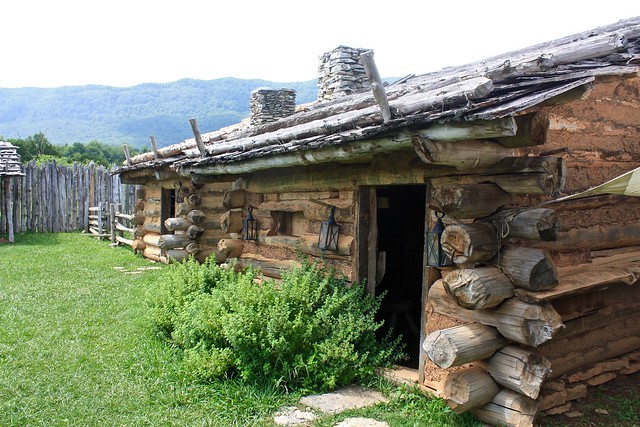 A couple of buildings in the Martin's Station recreation at Wilderness Road State Park in SW Virginia