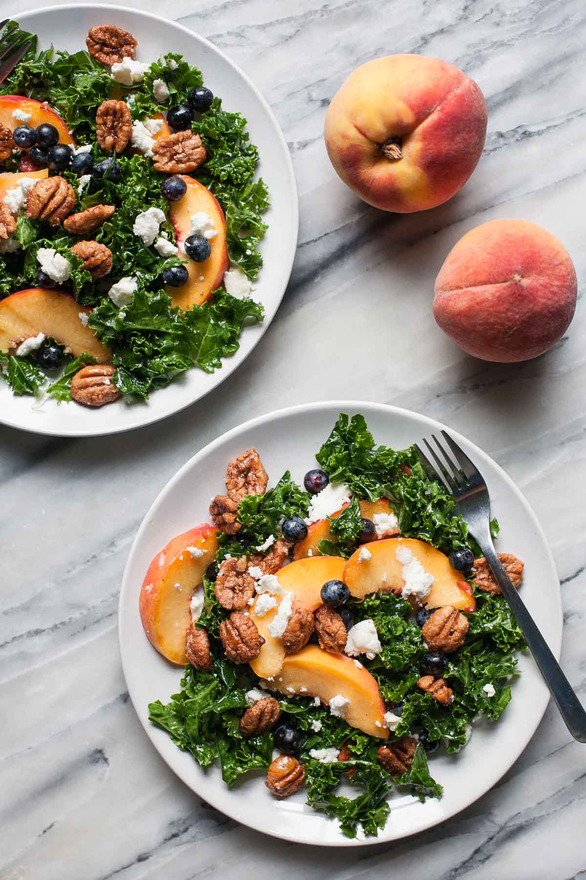 Summer Kale Salad with Peaches and Candied Pecans