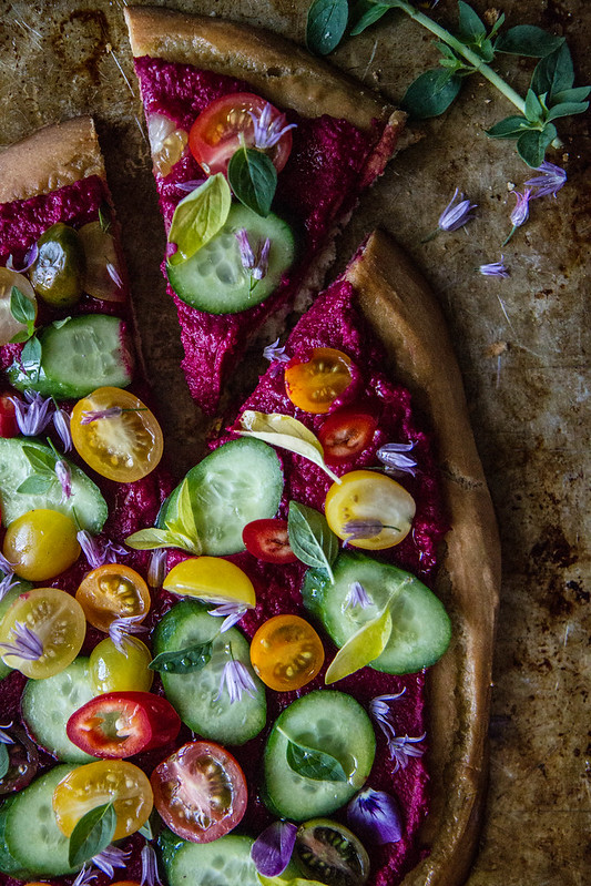 Greek Salad Pizza with Beet Hummus- Gluten free and Vegan