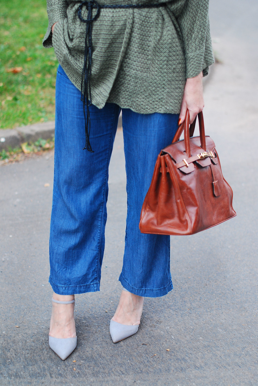 How to style cropped wide leg jeans for autumn (fall) - olive cardigan - Birkin-style bag - coloured neck scarf | Not Dressed As Lamb, style over 40
