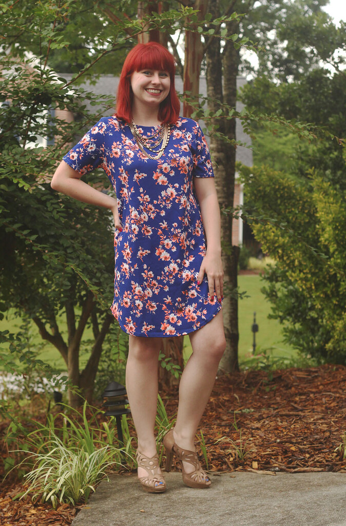Work Outfit: Blue Floral Curved Hem Shift Dress with Nude Peeptoe Heels ...