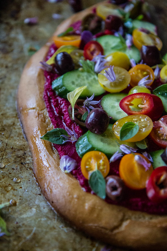 Greek Salad Pizza with Beet Hummus- Gluten free and Vegan