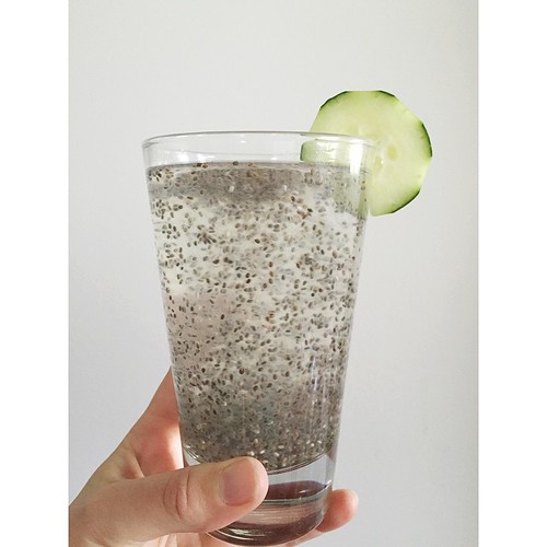 1.5 tsp chia seeds, juice of a lemon or lime (and optional honey to taste) plus water. Stir and let sit for 10 min. Stir before you drink, enjoy the little bubbles of chia. It's so good, you guys. Mini bubble tea-esque.