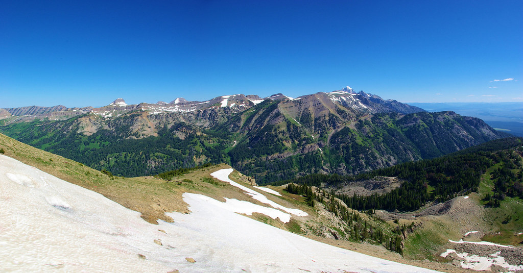 Rendezvous Mountain looking north, Grand Teton peak on right, above Teton Village, Wyoming, July 19, 2010 (Composite of three Pentax K10D photos using AutoStitch)