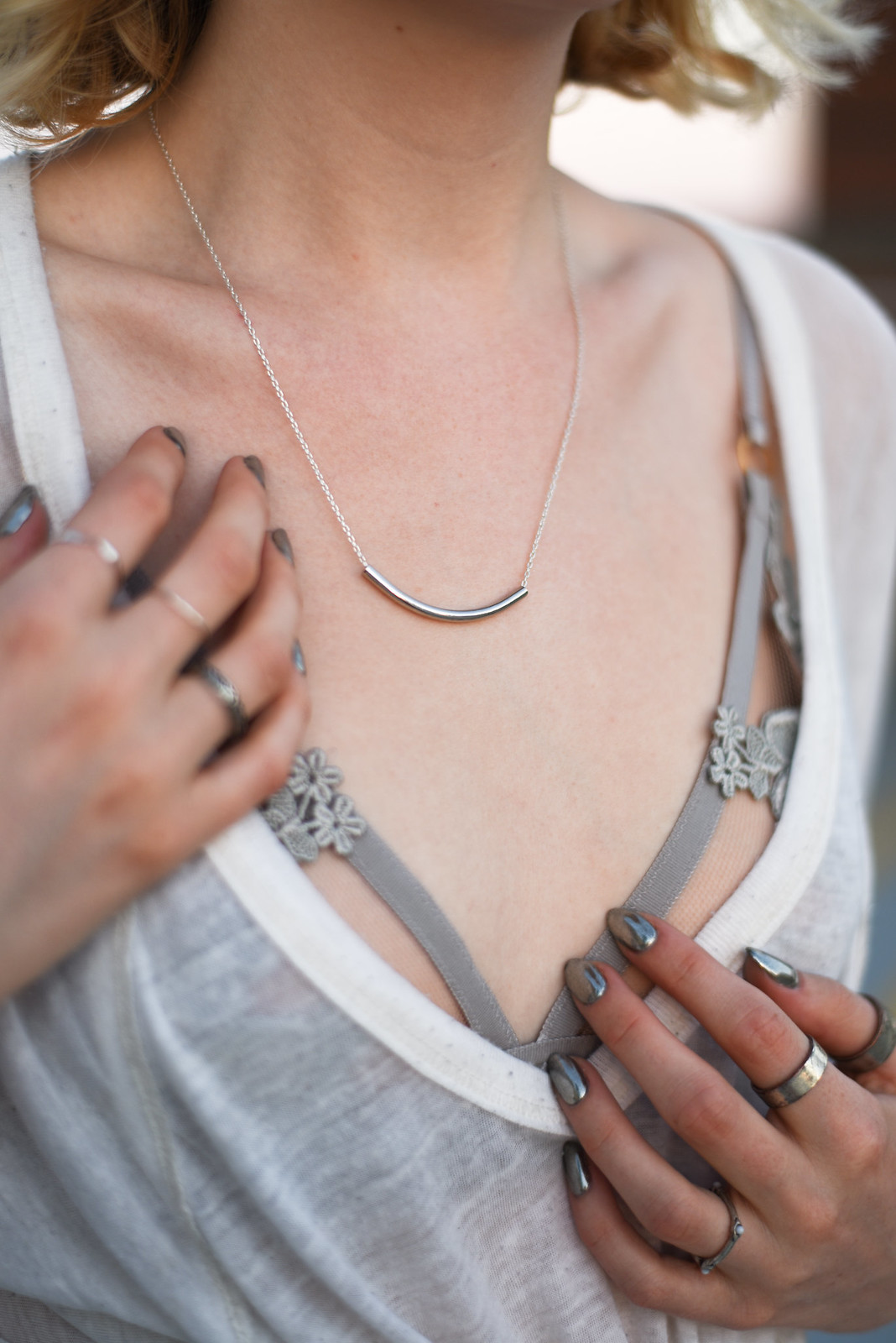 Chrome Nails, Free People Top and rings, Jaelle Necklace, and For Love and Lemons Bra on juliettelaura.blogspot.com