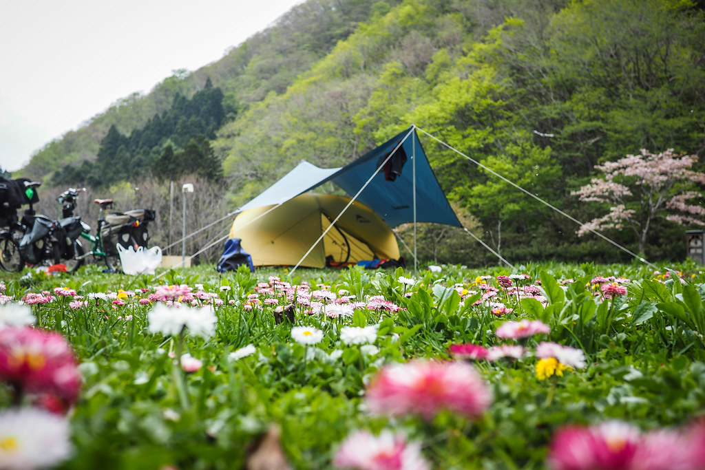 Spring time cycle touring camping at Taisei Campground, Hokkaido, Japan