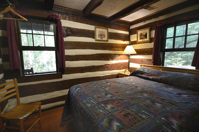 A typical Civilian Conservation Corps built log cabin bedroom - this is cabin 14 two bedroom cabin at Douthat State Park, Virginia