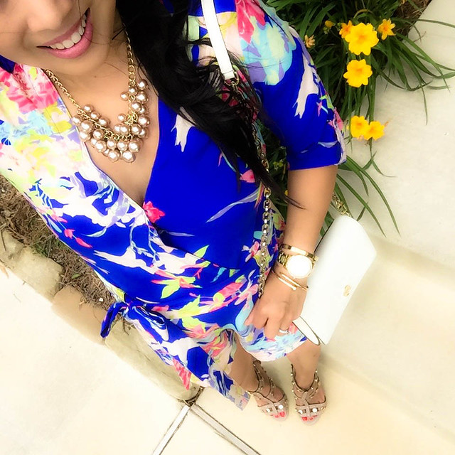 cute & little blog | petite fashion | sheinside blue floral romper, shoedazzle azzurra studded sandal heels, tory burch ivory wallet on chain, pearl cluster necklace, karen walker number one | spring summer outfit