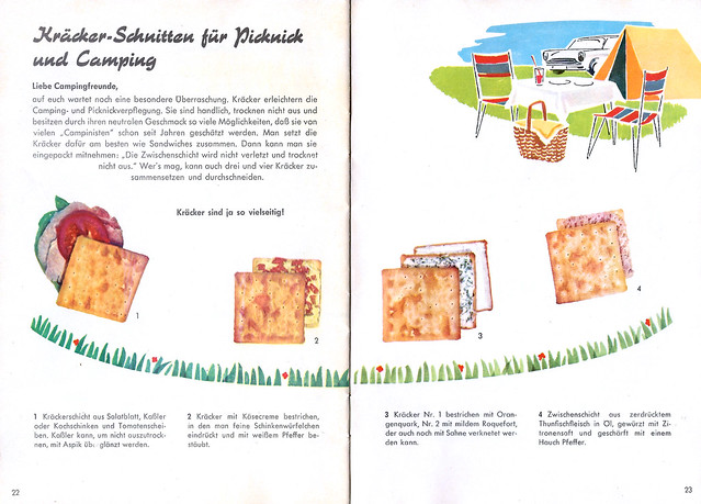 Antiquarische Brandt-Kräcker-Rezeptbroschüre und Oldtimer Ford Mustang 1966 - Rezepte Dekoration 1960er-Jahre Party Picknick Camping Skatrunde Käse Wurst Salat Feinkost