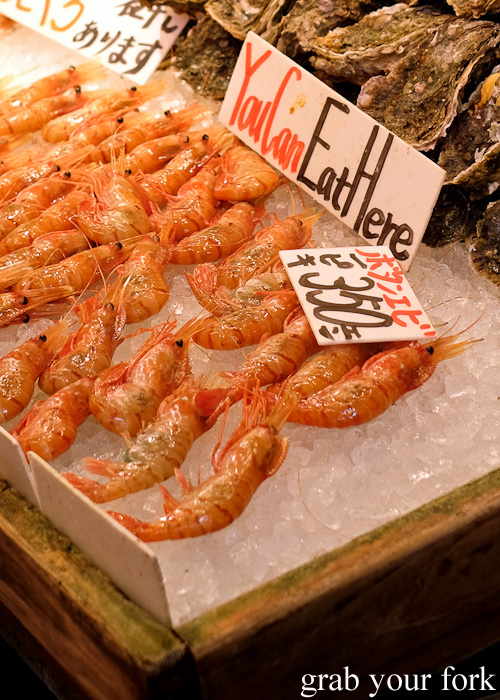 Botan ebi prawns with roe at Omicho Market, Kanazawa, Japan