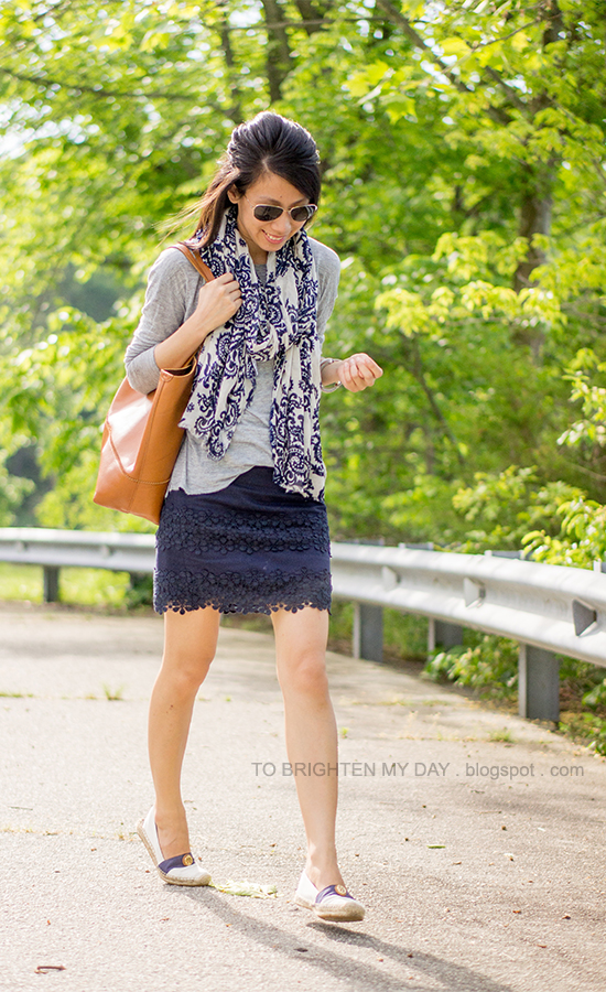 printed scarf, gray tee, navy lace skirt, cognac brown tote, espadrilles