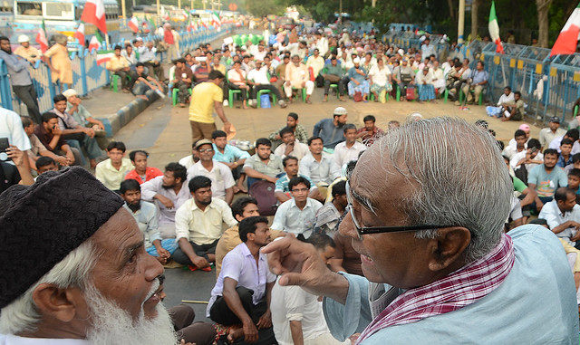 State President of WPI Dr Muhammad Raisuddin and Ex state Minister Abdur Rejjak Molla at the protest convention on 23 May 2015 at Esplanade East, Kolkata.