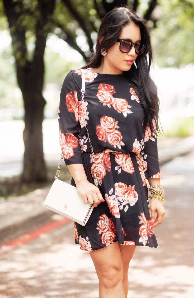 cute & little blog | petite fashion | sheinside black floral chiffon dress, tory burch robinson wallet on chain, pretty small shoes peach pumps | spring summer outfit
