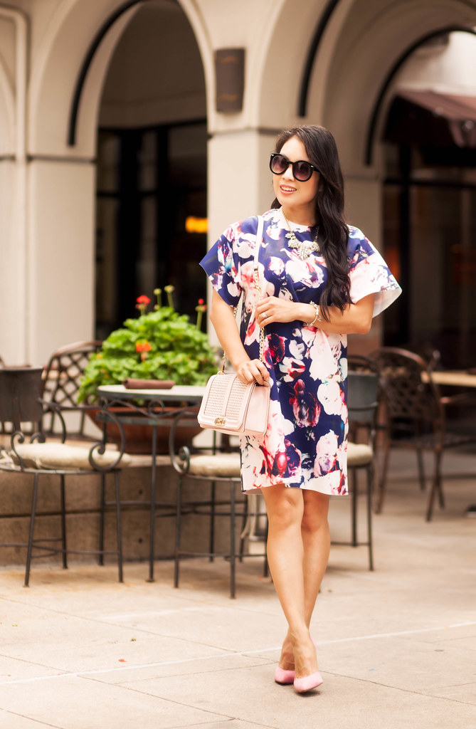 cute & little blog | petite fashion | sheinside navy pink peony floral shift dress, pink suede pumps, minkoff pink love crossbody | spring fashion