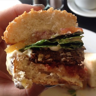 Lentil-nut burger with cashew cheese at Blossoming Lotus in PDX